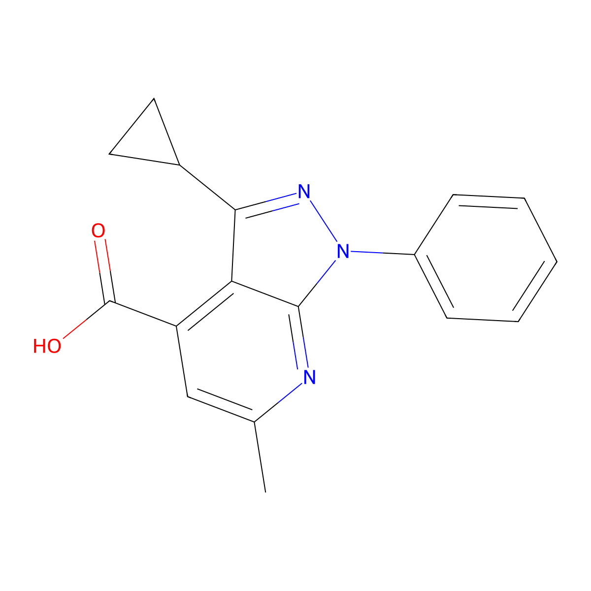 3-cyclopropyl-6-methyl-1-phenyl-1H-pyrazolo[3,4-b]pyridine-4-carboxylic acid molecular structure, CAS 1018127-41-7