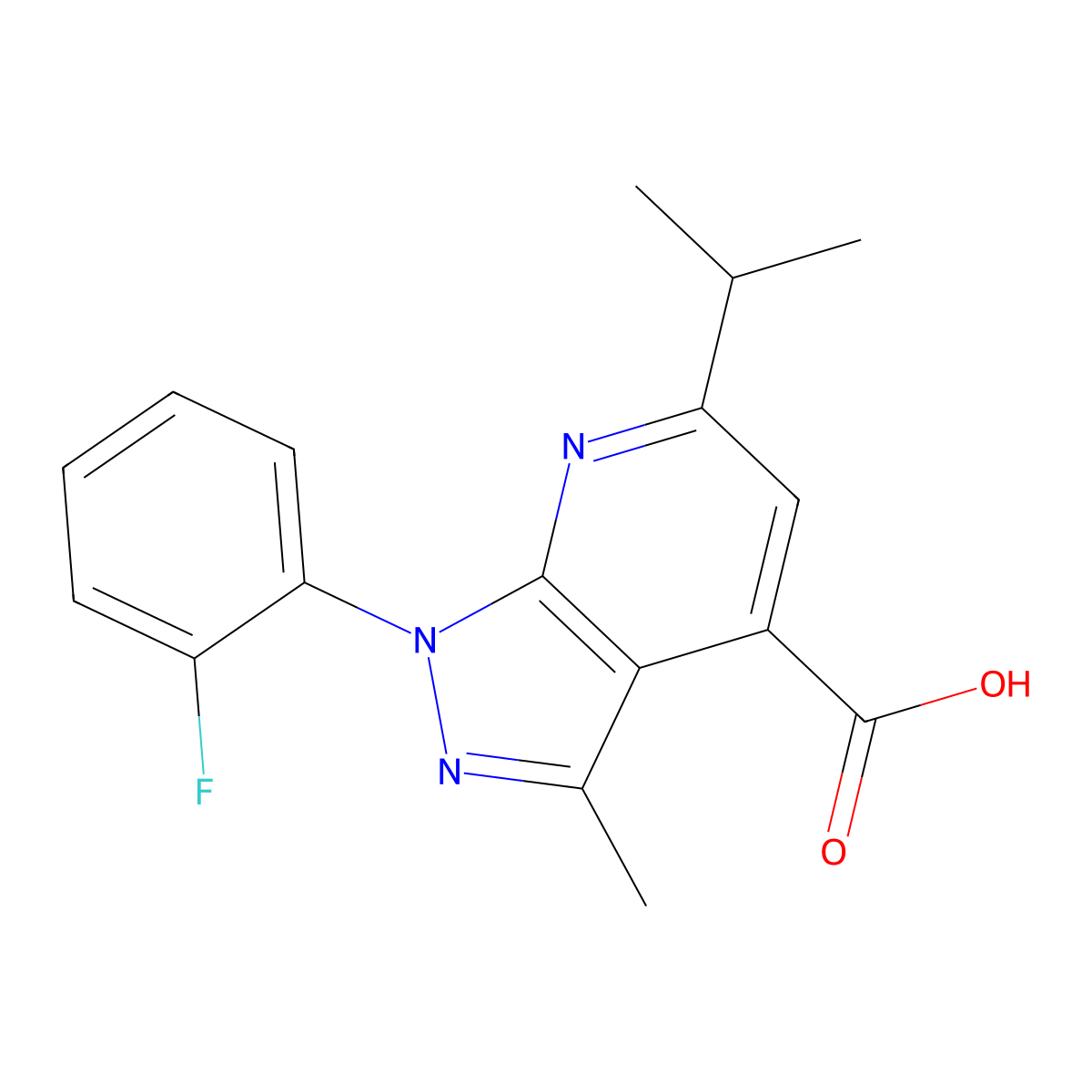 1-(2-fluorophenyl)-3-methyl-6-(propan-2-yl)-1H-pyrazolo[3,4-b]pyridine-4-carboxylic acid molecular structure, CAS 1018127-56-4