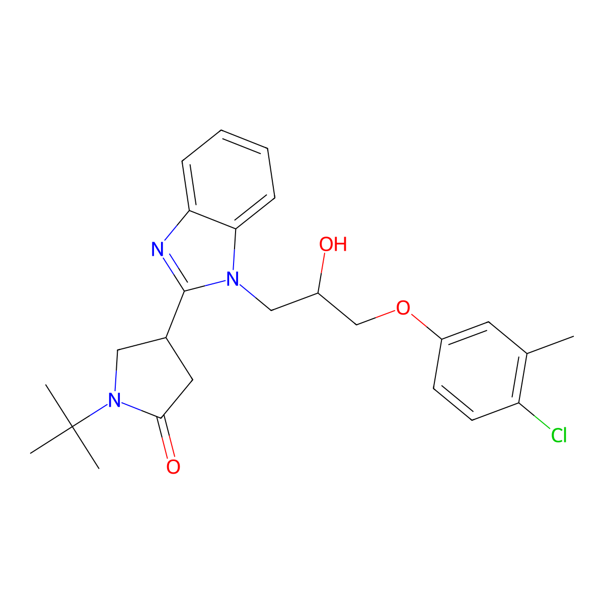 1-tert-butyl-4-{1-[3-(4-chloro-3-methylphenoxy)-2-hydroxypropyl]-1H-benzimidazol-2-yl}pyrrolidin-2-one molecular structure, CAS 1018128-74-9