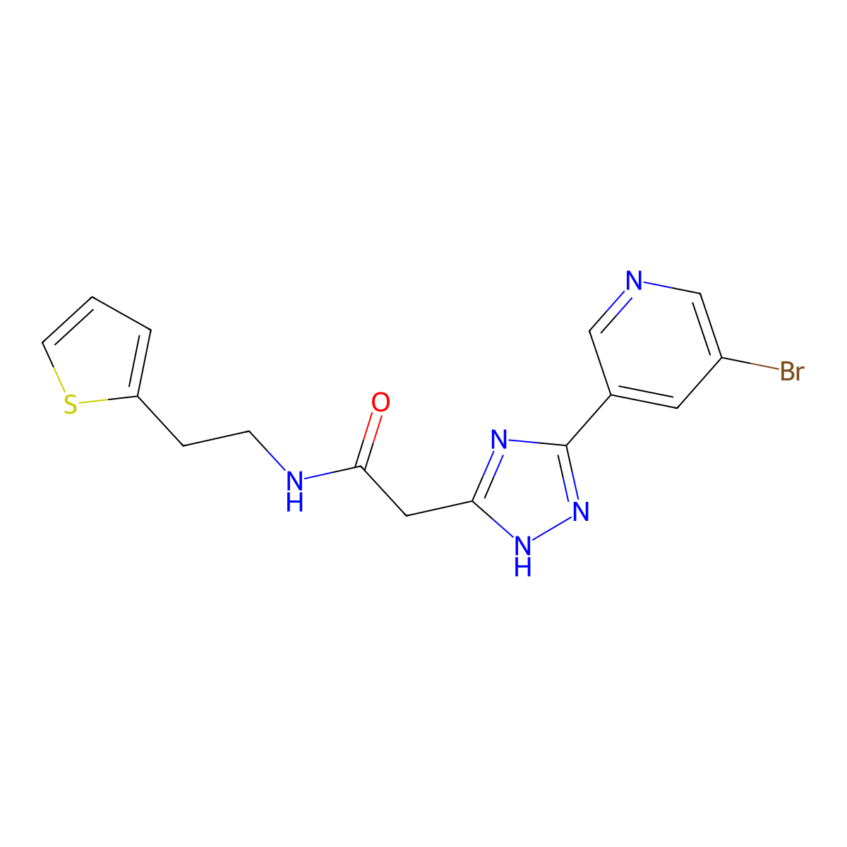 2-[5-(5-bromopyridin-3-yl)-1H-1,2,4-triazol-3-yl]-N-[2-(thiophen-2-yl)ethyl]acetamide molecular structure, CAS 1018131-12-8