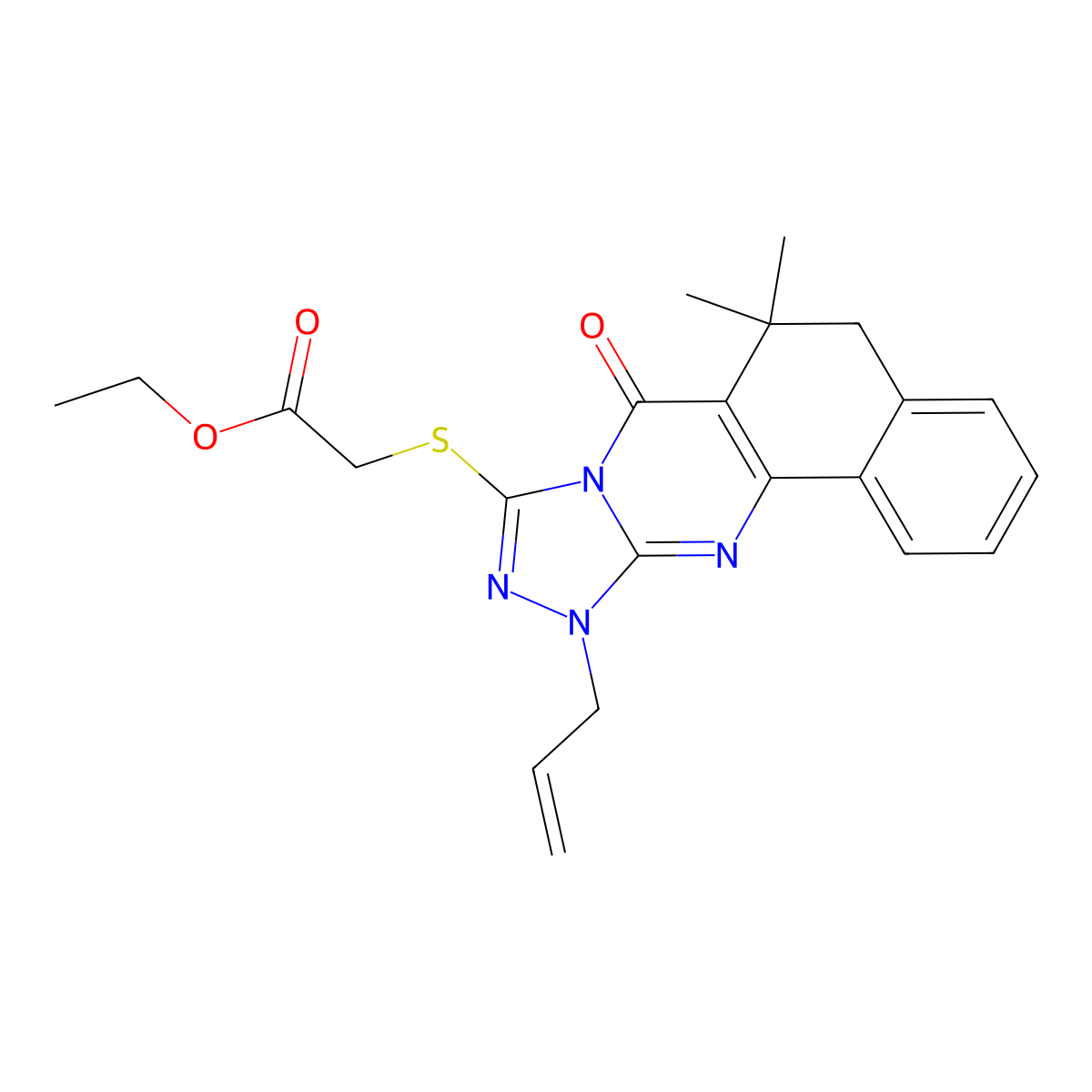 Ethyl 2-[(11-allyl-6,6-dimethyl-7-oxo-5,6,7,11-tetrahydrobenzo[H][1,2,4]triazolo[3,4-B]quinazolin-9-YL)sulfanyl]acetate molecular structure, CAS 1018135-51-7