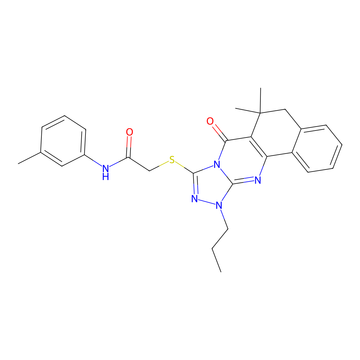2-[(6,6-Dimethyl-7-oxo-11-propyl-5,6,7,11-tetrahydrobenzo[H][1,2,4]triazolo[3,4-B]quinazolin-9-YL)sulfanyl]-N-(3-methylphenyl)acetamide molecular structure, CAS 1018135-79-9