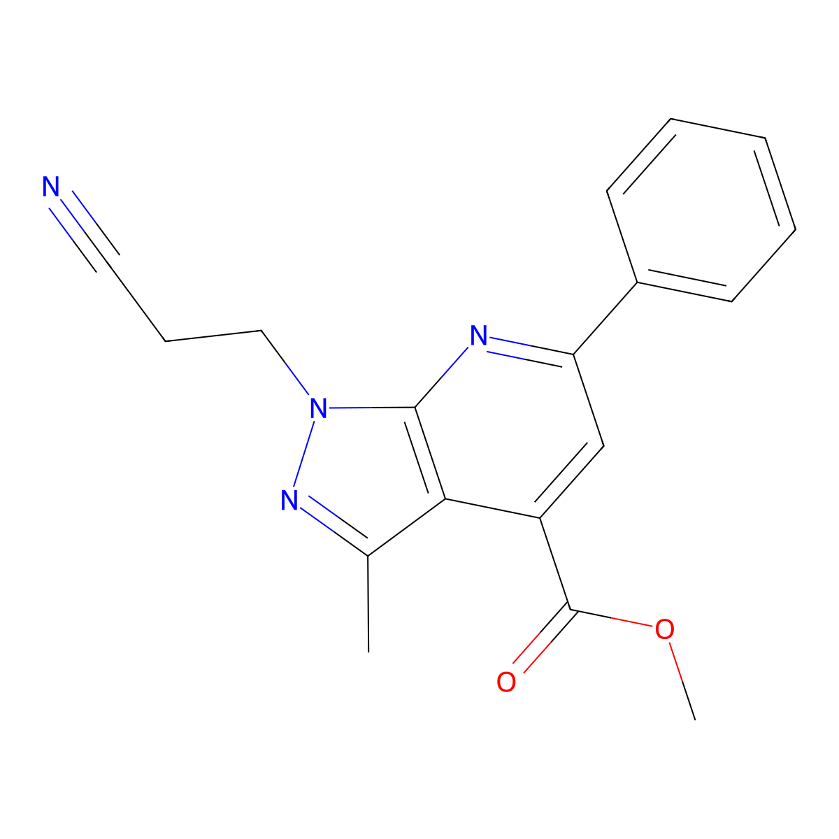 methyl 1-(2-cyanoethyl)-3-methyl-6-phenyl-1H-pyrazolo[3,4-b]pyridine-4-carboxylate molecular structure, CAS 1018141-84-8