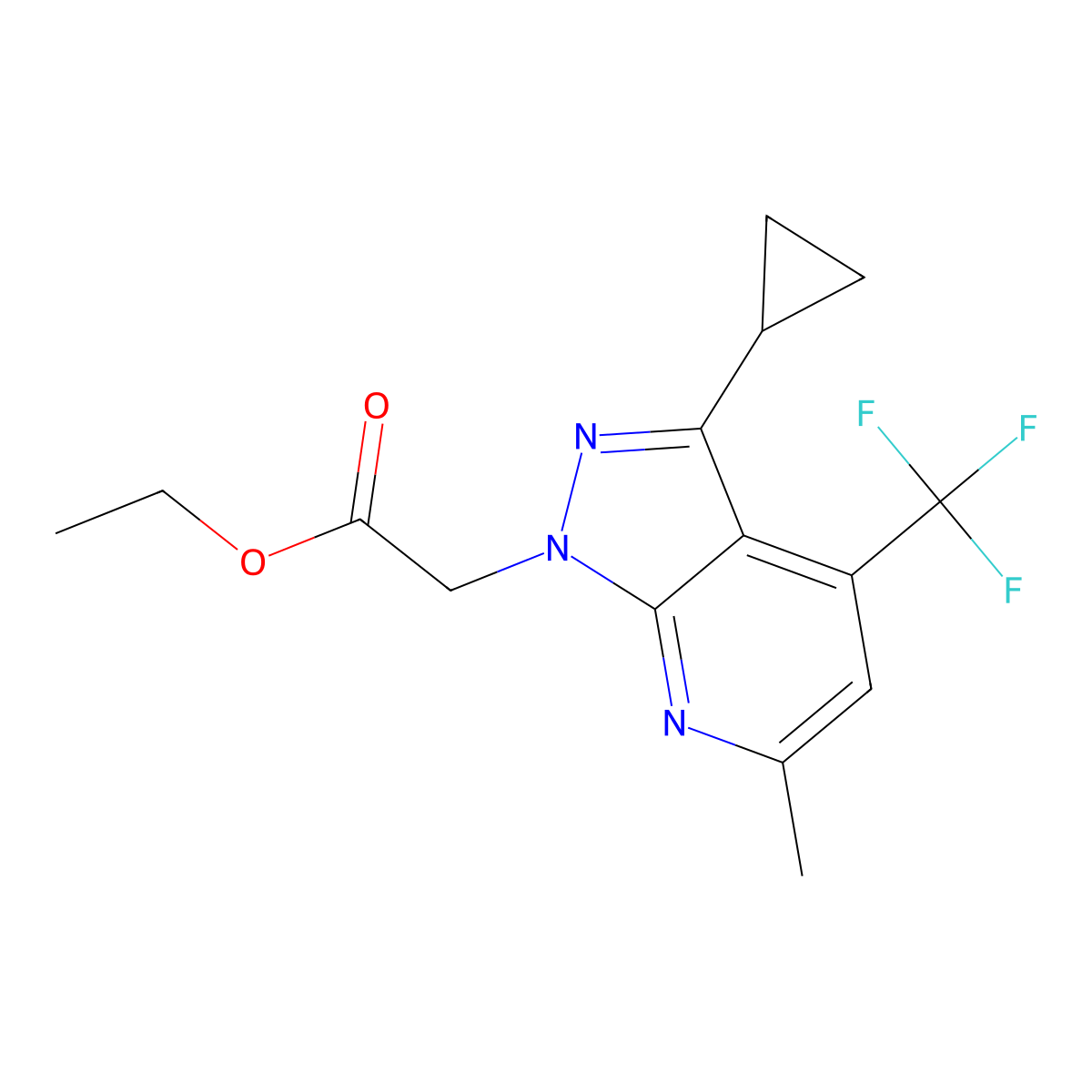 Ethyl 2-(3-cyclopropyl-6-methyl-4-(trifluoromethyl)-1H-pyrazolo[3,4-b]pyridin-1-yl)acetate molecular structure, CAS 1018141-86-0