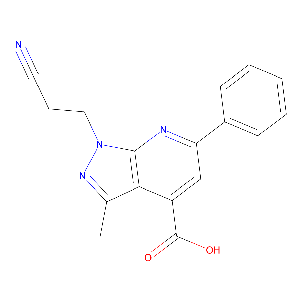 1-(2-cyanoethyl)-3-methyl-6-phenyl-1H-pyrazolo[3,4-b]pyridine-4-carboxylic acid molecular structure, CAS 1018141-88-2