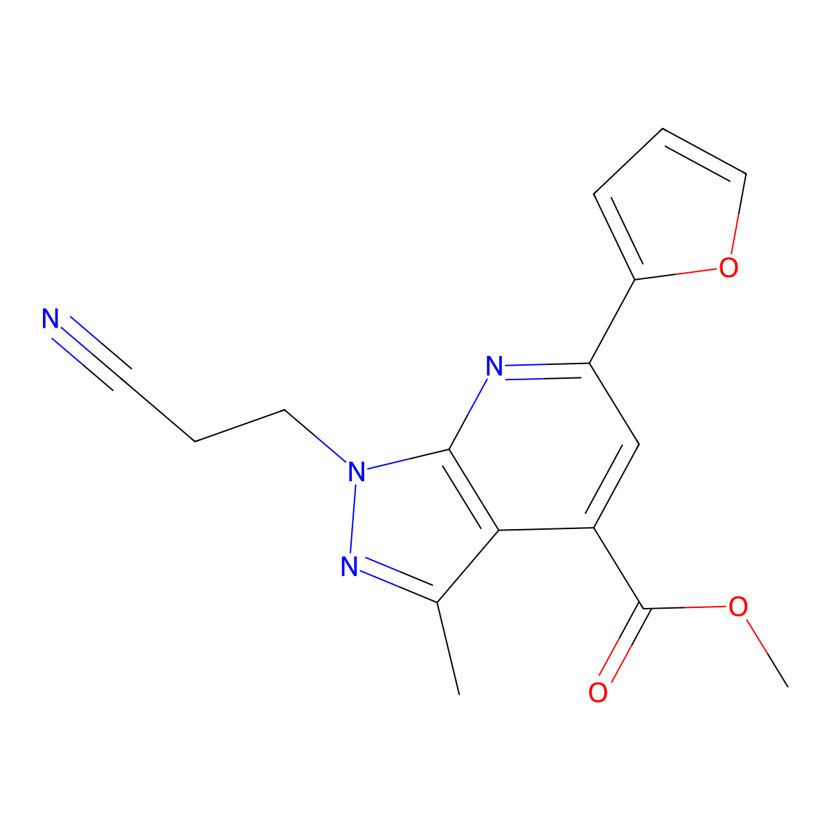 methyl 1-(2-cyanoethyl)-6-(furan-2-yl)-3-methyl-1H-pyrazolo[3,4-b]pyridine-4-carboxylate molecular structure, CAS 1018141-90-6