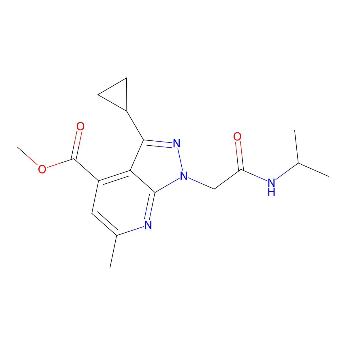 Methyl 3-cyclopropyl-1-(2-(isopropylamino)-2-oxoethyl)-6-methyl-1H-pyrazolo[3,4-b]pyridine-4-carboxylate molecular structure, CAS 1018141-99-5