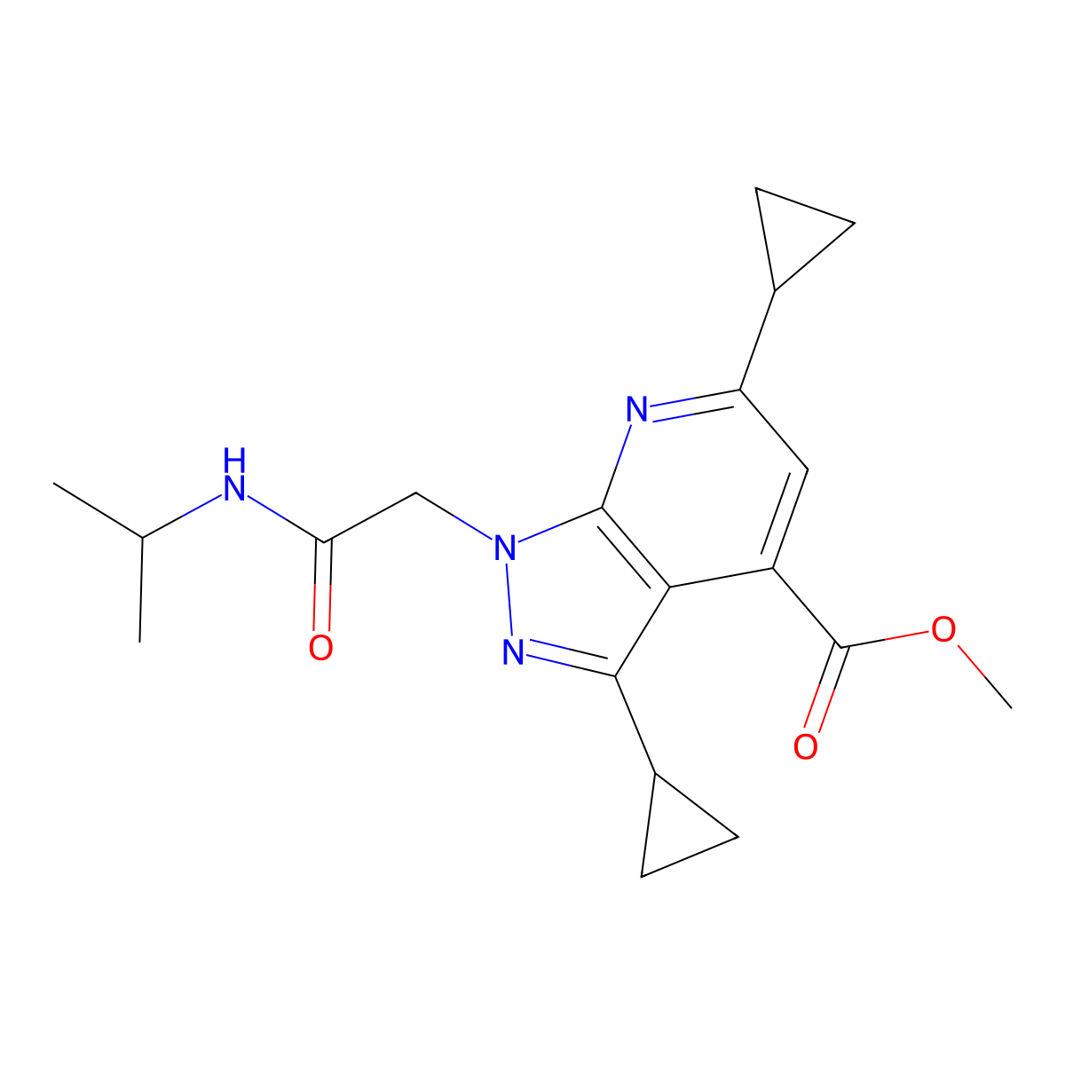 Methyl 3,6-dicyclopropyl-1-(2-(isopropylamino)-2-oxoethyl)-1H-pyrazolo[3,4-b]pyridine-4-carboxylate molecular structure, CAS 1018142-03-4