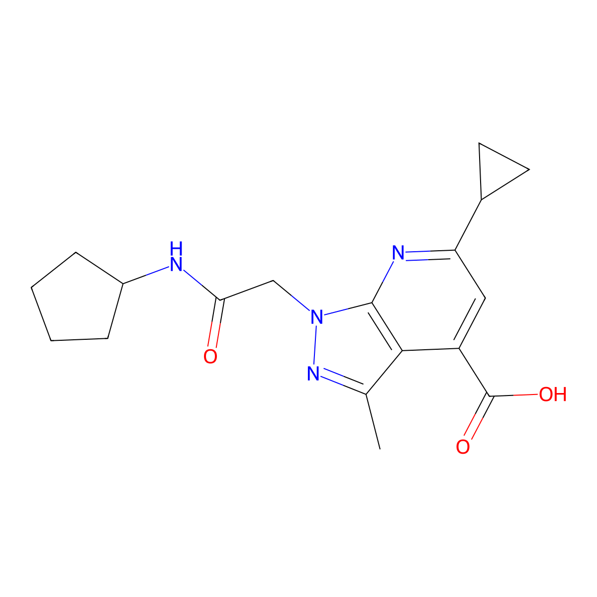 1-[2-(cyclopentylamino)-2-oxoethyl]-6-cyclopropyl-3-methyl-1H-pyrazolo[3,4-b]pyridine-4-carboxylic acid molecular structure, CAS 1018142-06-7