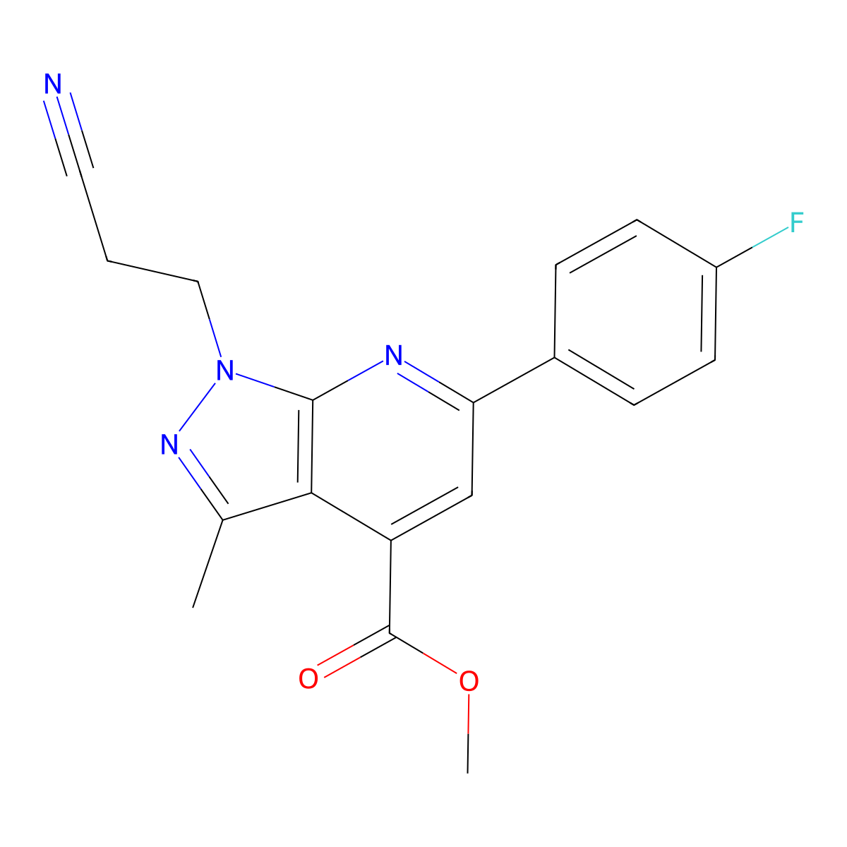 methyl 1-(2-cyanoethyl)-6-(4-fluorophenyl)-3-methyl-1H-pyrazolo[3,4-b]pyridine-4-carboxylate molecular structure, CAS 1018142-10-3