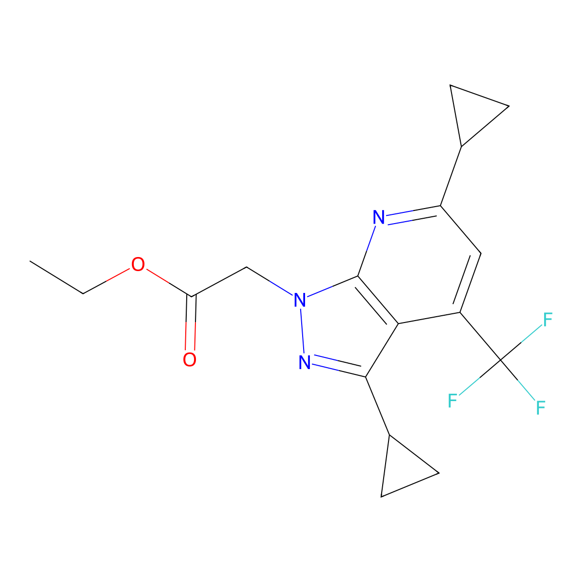 Ethyl 2-(3,6-dicyclopropyl-4-(trifluoromethyl)-1H-pyrazolo[3,4-b]pyridin-1-yl)acetate molecular structure, CAS 1018142-14-7