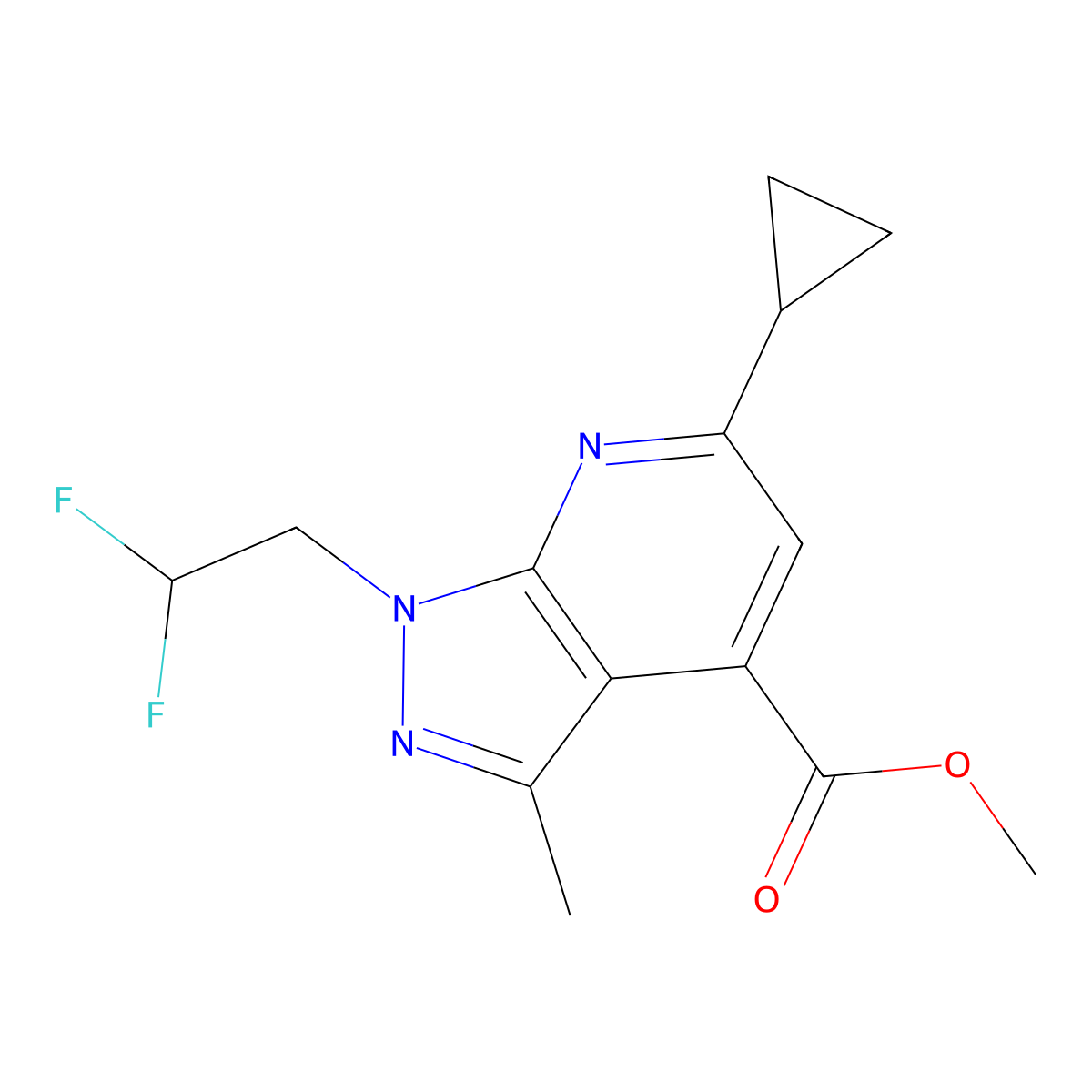methyl 6-cyclopropyl-1-(2,2-difluoroethyl)-3-methyl-1H-pyrazolo[3,4-b]pyridine-4-carboxylate molecular structure, CAS 1018142-18-1