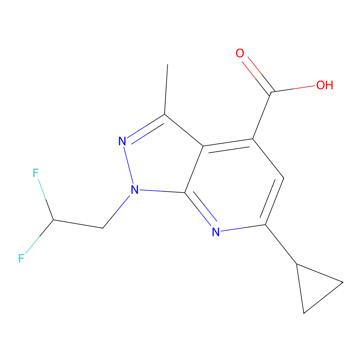 6-cyclopropyl-1-(2,2-difluoroethyl)-3-methyl-1H-pyrazolo[3,4-b]pyridine-4-carboxylic acid molecular structure, CAS 1018142-22-7