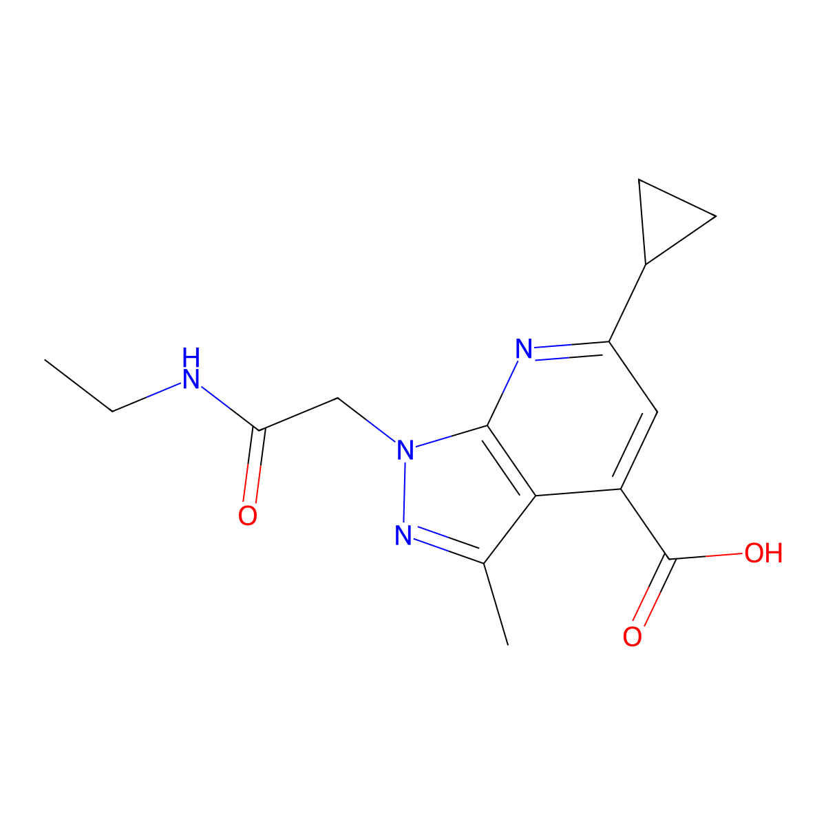 6-cyclopropyl-1-[2-(ethylamino)-2-oxoethyl]-3-methyl-1H-pyrazolo[3,4-b]pyridine-4-carboxylic acid molecular structure, CAS 1018142-38-5