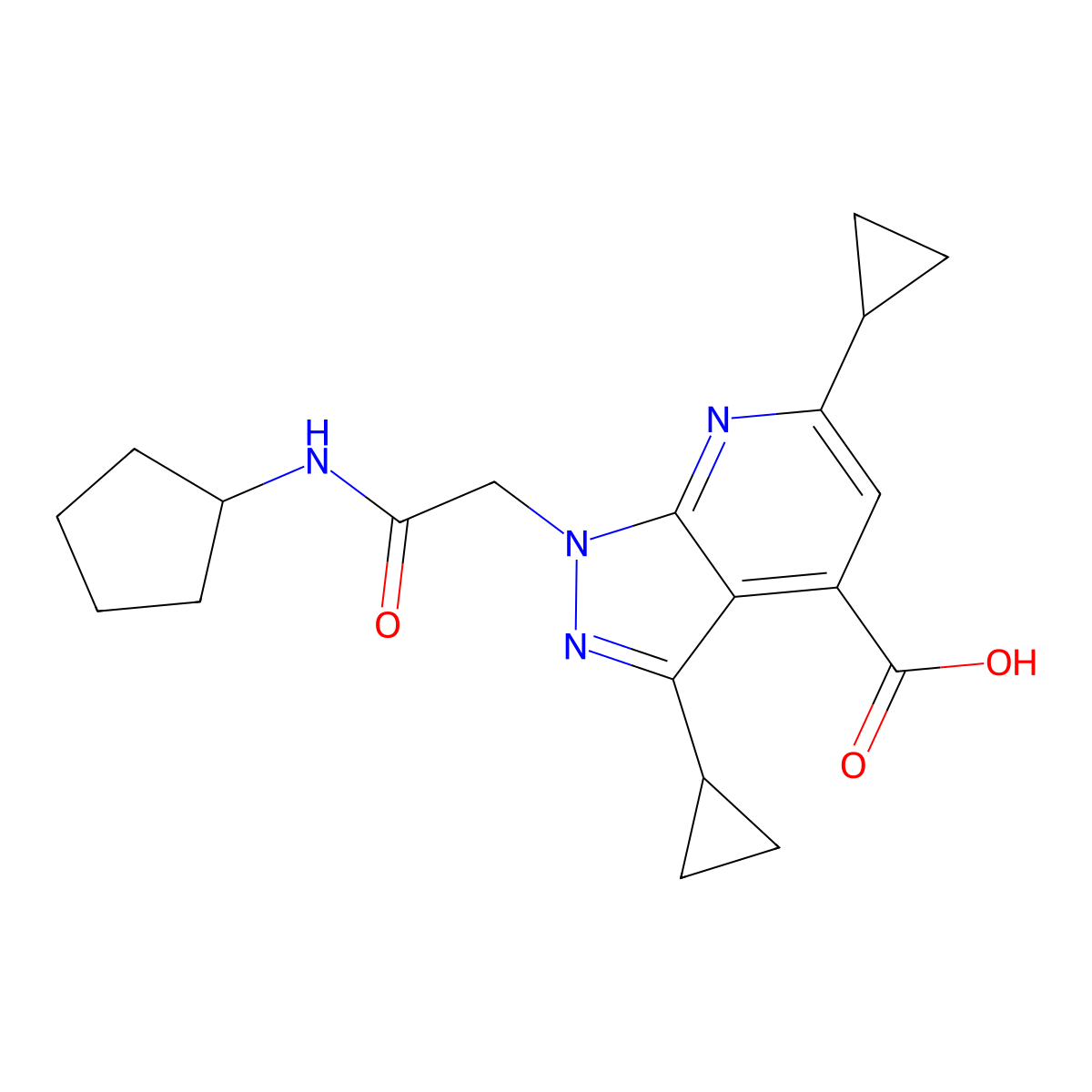 1-(2-(Cyclopentylamino)-2-oxoethyl)-3,6-dicyclopropyl-1H-pyrazolo[3,4-b]pyridine-4-carboxylic acid molecular structure, CAS 1018142-42-1