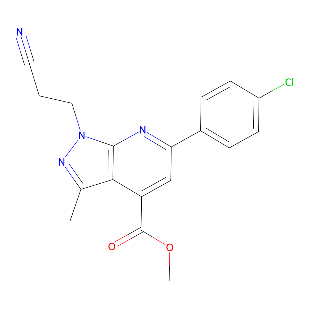 methyl 6-(4-chlorophenyl)-1-(2-cyanoethyl)-3-methyl-1H-pyrazolo[3,4-b]pyridine-4-carboxylate molecular structure, CAS 1018142-62-5