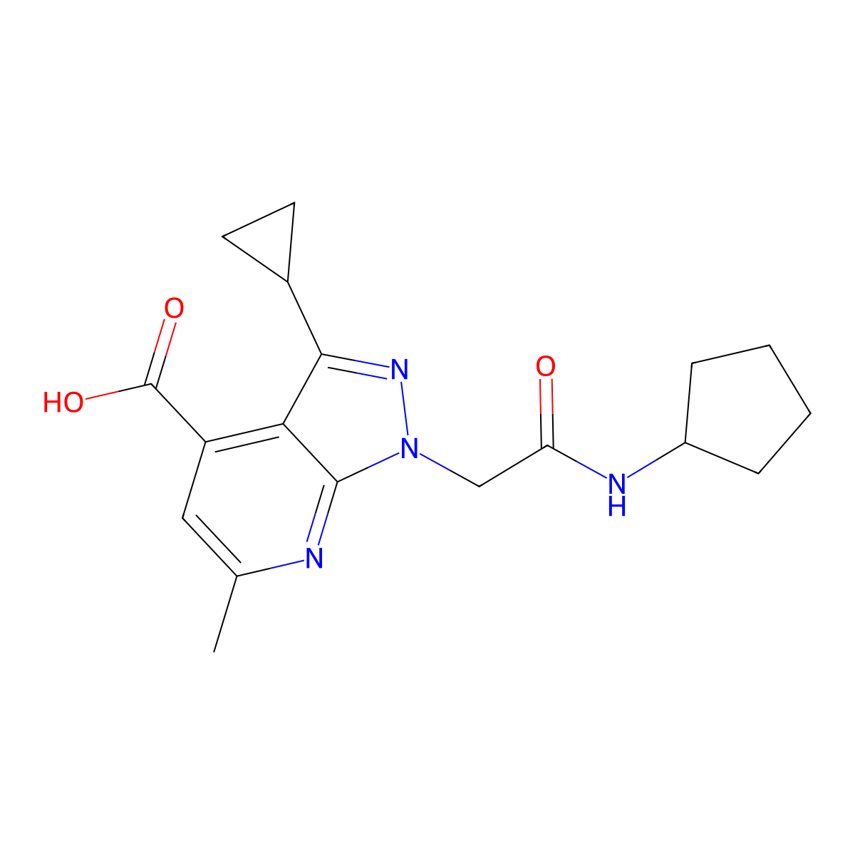 1-(2-(Cyclopentylamino)-2-oxoethyl)-3-cyclopropyl-6-methyl-1H-pyrazolo[3,4-b]pyridine-4-carboxylic acid molecular structure, CAS 1018142-65-8