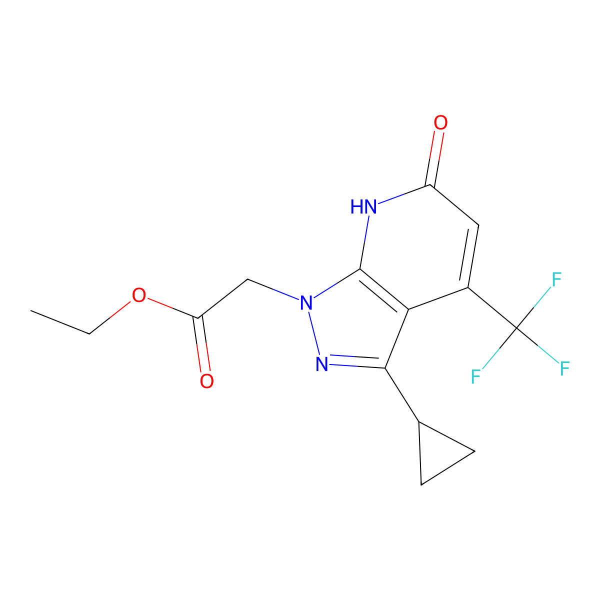 Ethyl 2-(3-cyclopropyl-6-oxo-4-(trifluoromethyl)-6,7-dihydro-1H-pyrazolo[3,4-b]pyridin-1-yl)acetate molecular structure, CAS 1018142-74-9