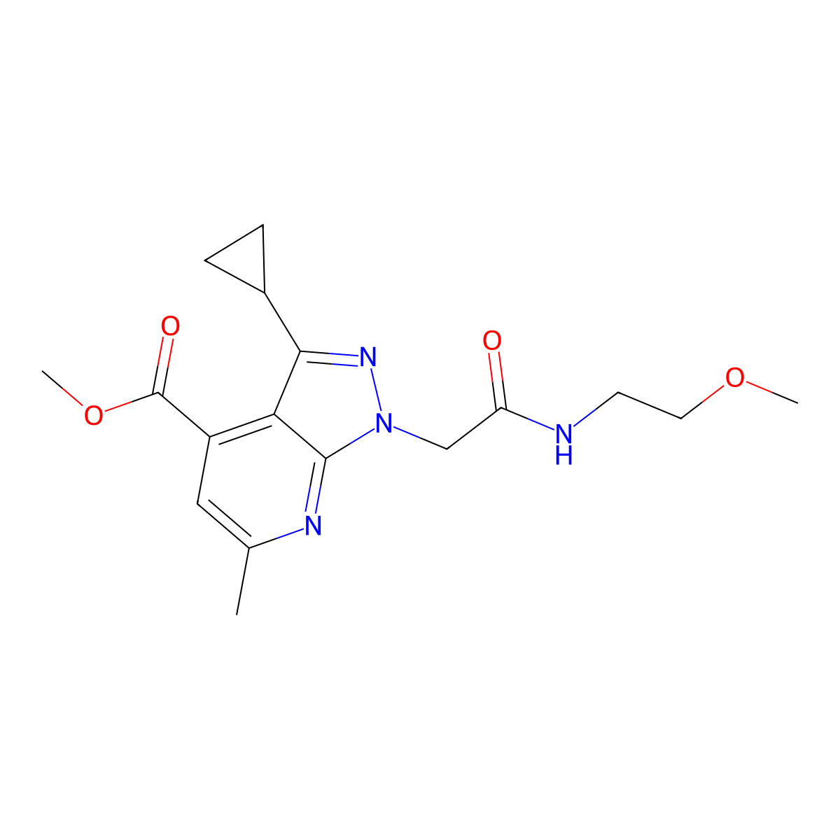 methyl 3-cyclopropyl-1-{2-[(2-methoxyethyl)amino]-2-oxoethyl}-6-methyl-1H-pyrazolo[3,4-b]pyridine-4-carboxylate molecular structure, CAS 1018142-77-2