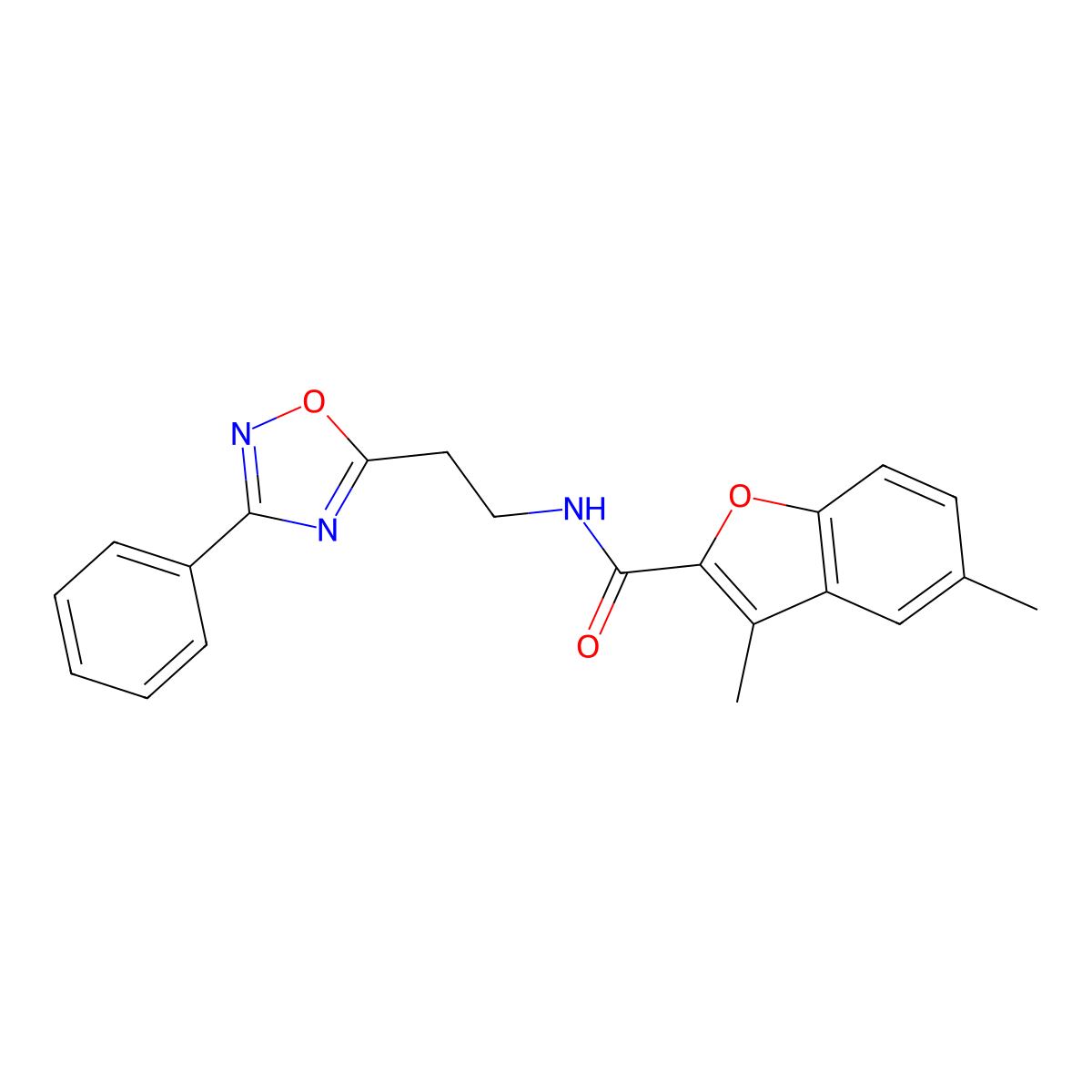 3,5-dimethyl-N-[2-(3-phenyl-1,2,4-oxadiazol-5-yl)ethyl]-1-benzofuran-2-carboxamide molecular structure, CAS 1018143-46-8