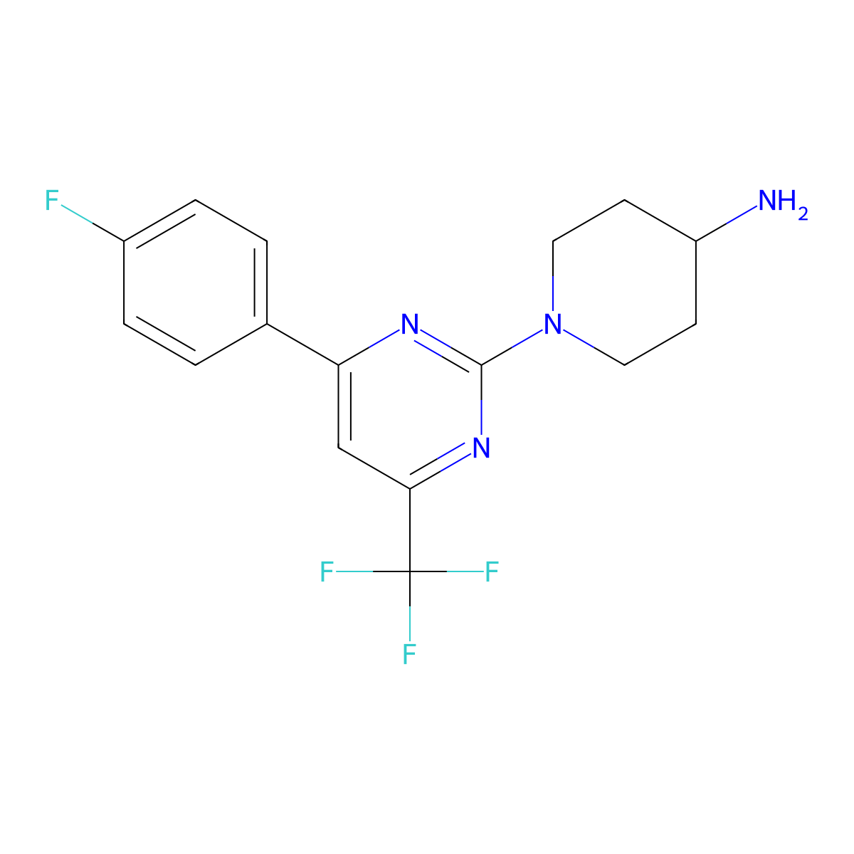 1-(4-(4-Fluorophenyl)-6-(trifluoromethyl)pyrimidin-2-yl)piperidin-4-amine molecular structure, CAS 1018143-48-0
