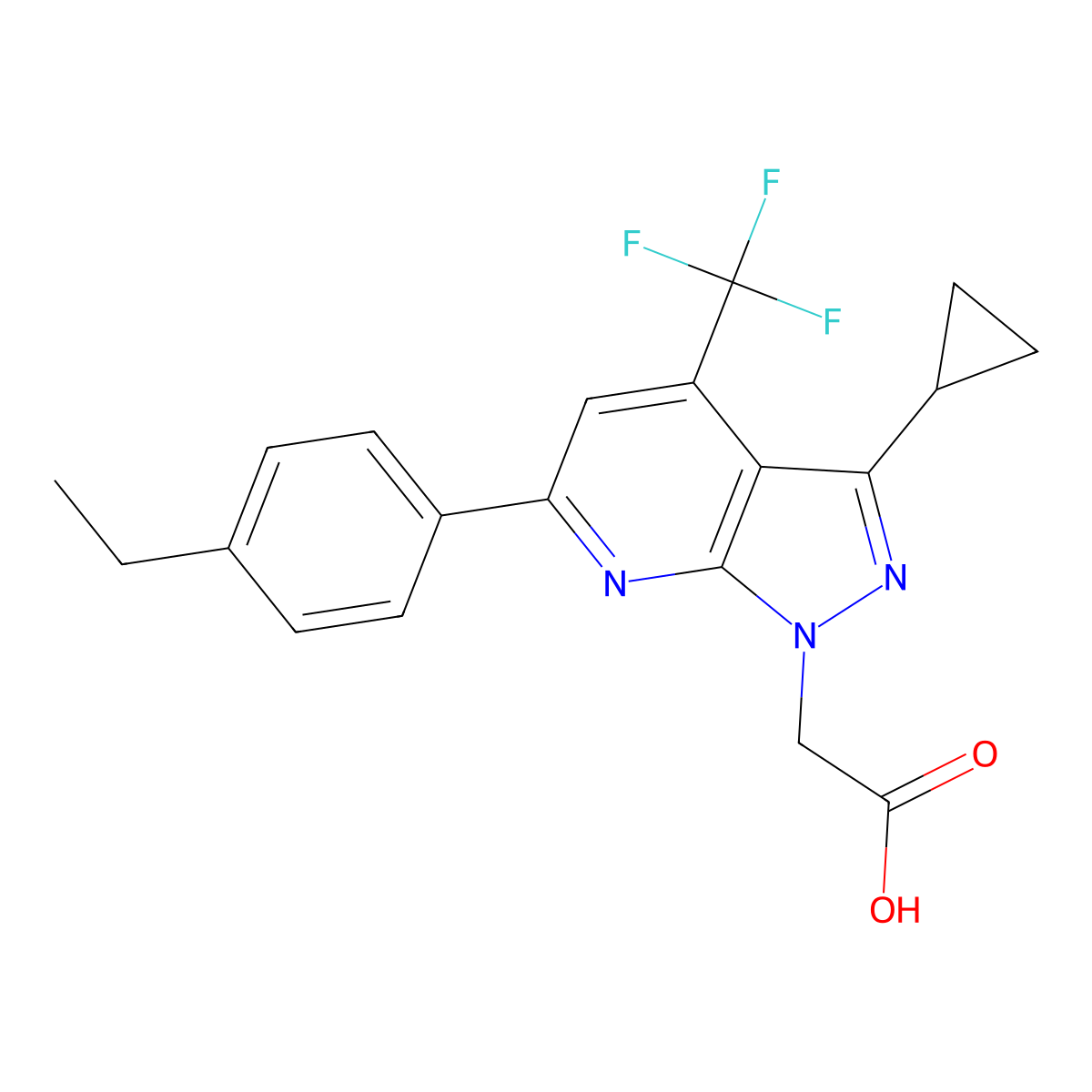 2-(3-Cyclopropyl-6-(4-ethylphenyl)-4-(trifluoromethyl)-1H-pyrazolo[3,4-b]pyridin-1-yl)acetic acid molecular structure, CAS 1018143-88-8