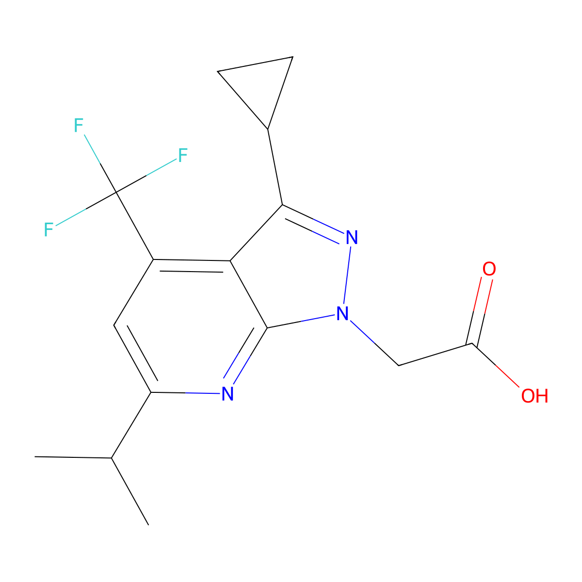 2-(3-Cyclopropyl-6-isopropyl-4-(trifluoromethyl)-1H-pyrazolo[3,4-b]pyridin-1-yl)acetic acid molecular structure, CAS 1018144-00-7