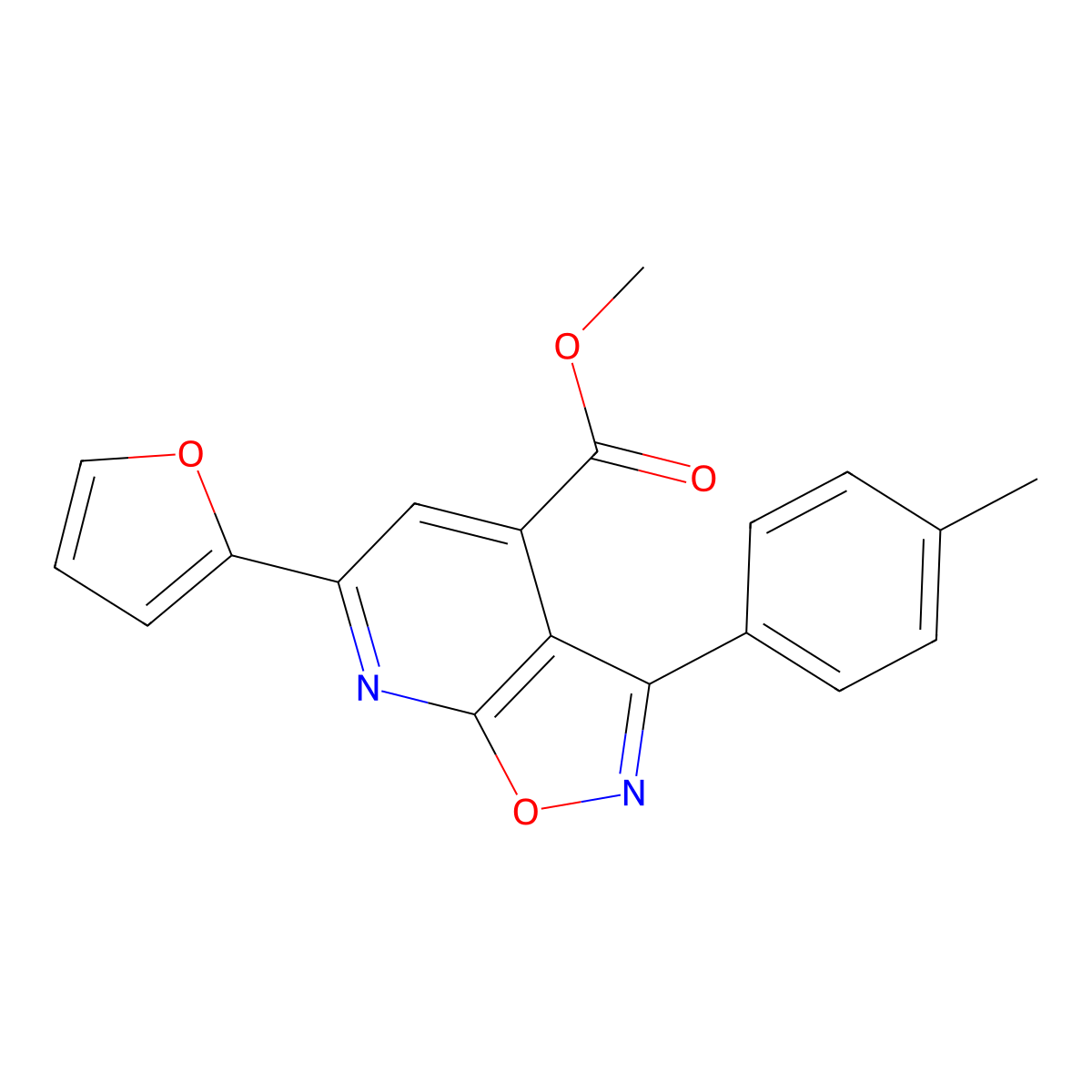 Methyl 6-(furan-2-yl)-3-(p-tolyl)isoxazolo[5,4-b]pyridine-4-carboxylate molecular structure, CAS 1018144-28-9