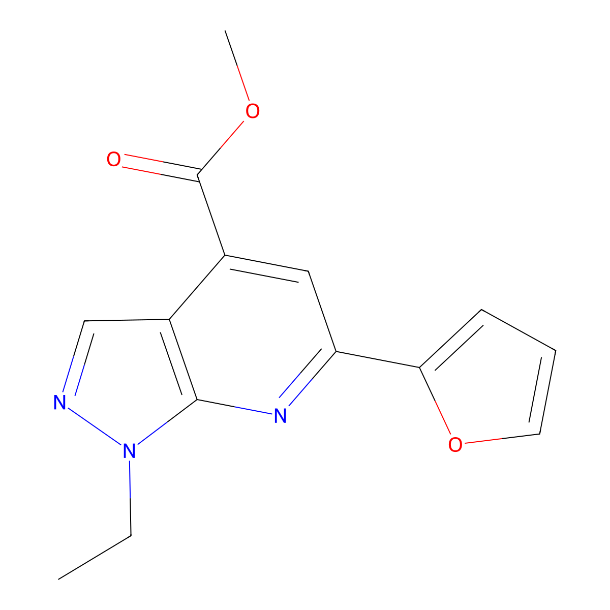 methyl 1-ethyl-6-(furan-2-yl)-1H-pyrazolo[3,4-b]pyridine-4-carboxylate molecular structure, CAS 1018144-36-9