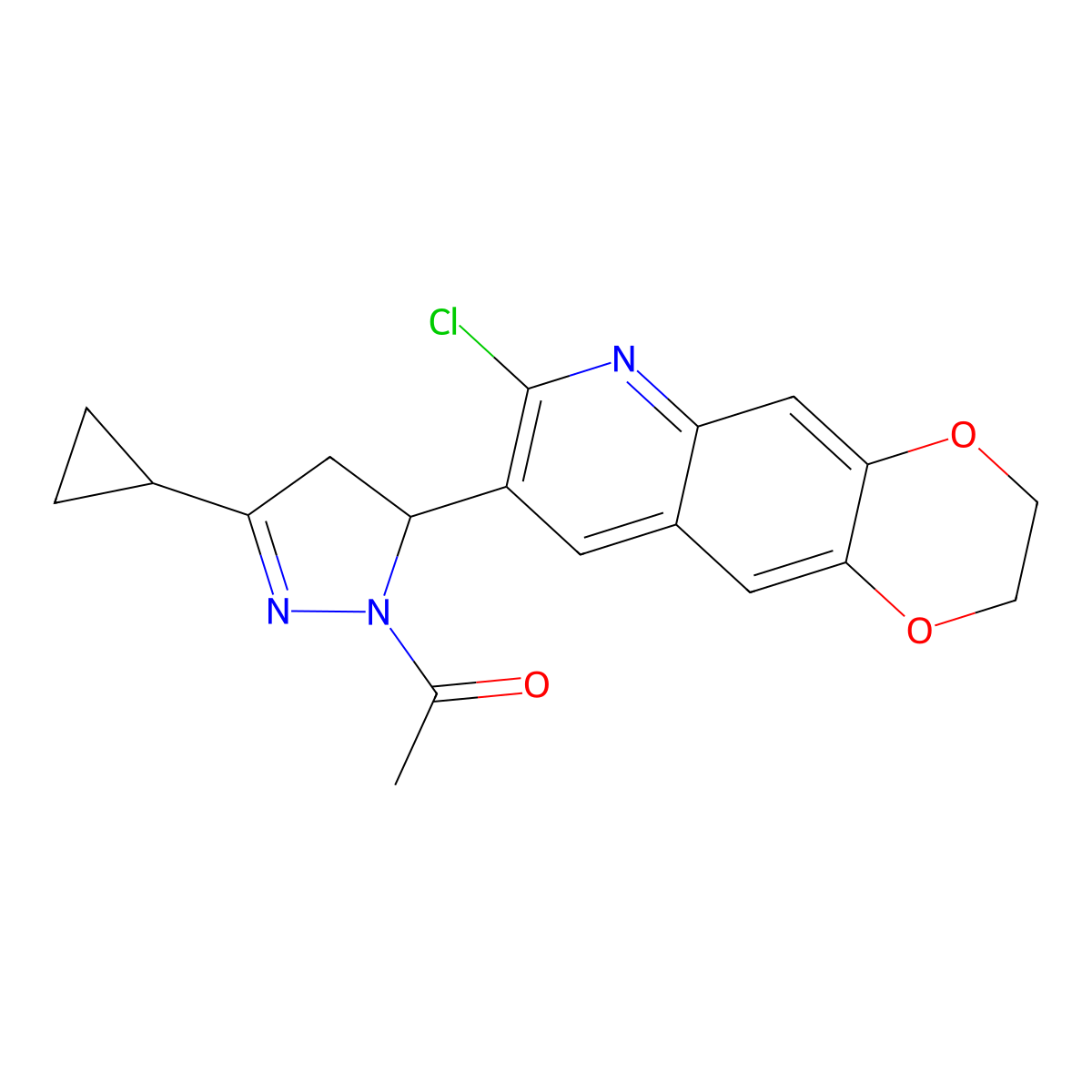 1-(5-(7-chloro-2,3-dihydro-[1,4]dioxino[2,3-g]quinolin-8-yl)-3-cyclopropyl-4,5-dihydro-1H-pyrazol-1-yl)ethanone molecular structure, CAS 1018147-69-7