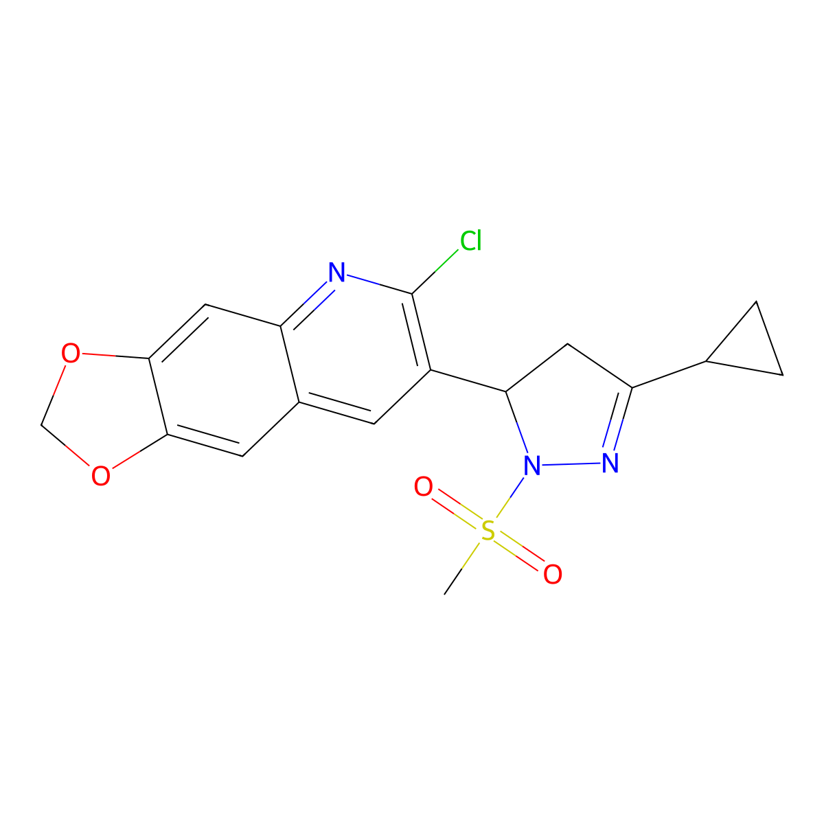 5-{6-chloro-2H-[1,3]dioxolo[4,5-g]quinolin-7-yl}-3-cyclopropyl-1-methanesulfonyl-4,5-dihydro-1H-pyrazole molecular structure, CAS 1018147-73-3