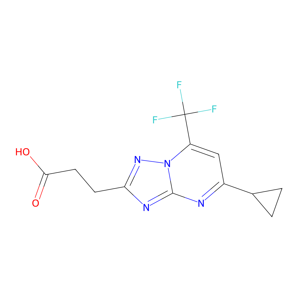 3-(5-Cyclopropyl-7-(trifluoromethyl)-[1,2,4]triazolo[1,5-a]pyrimidin-2-yl)propanoic acid molecular structure, CAS 1018150-48-5