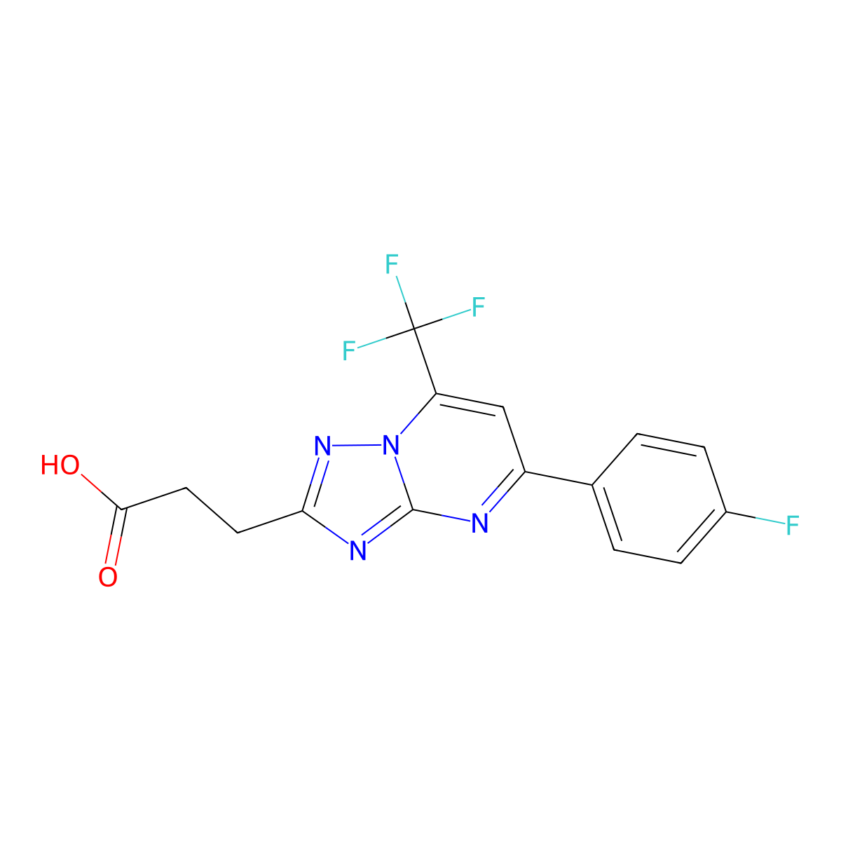3-(5-(4-Fluorophenyl)-7-(trifluoromethyl)-[1,2,4]triazolo[1,5-a]pyrimidin-2-yl)propanoic acid molecular structure, CAS 1018150-56-5