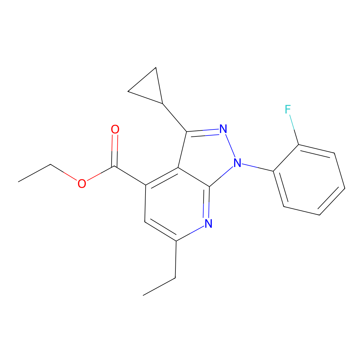 ethyl 3-cyclopropyl-6-ethyl-1-(2-fluorophenyl)-1H-pyrazolo[3,4-b]pyridine-4-carboxylate molecular structure, CAS 1018150-92-9