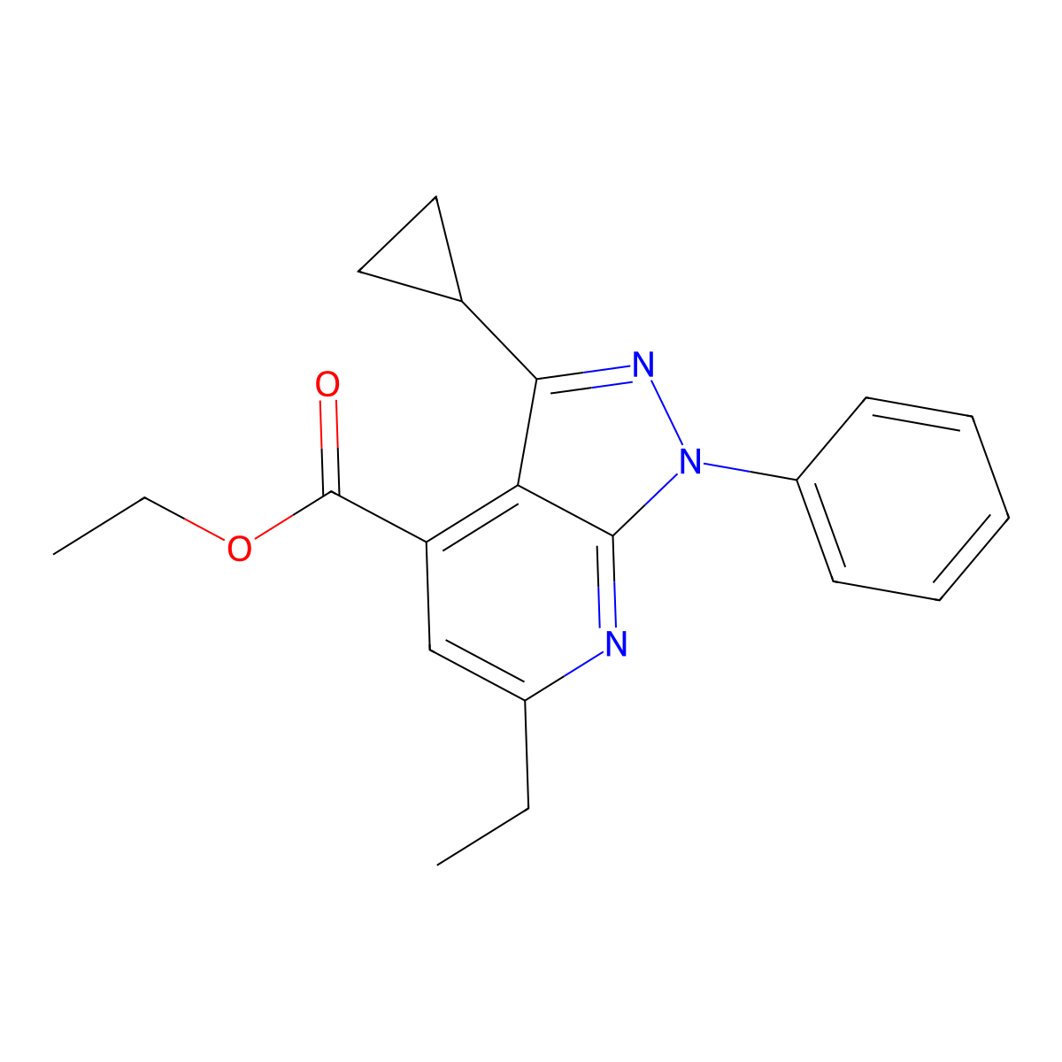 ethyl 3-cyclopropyl-6-ethyl-1-phenyl-1H-pyrazolo[3,4-b]pyridine-4-carboxylate molecular structure, CAS 1018151-16-0