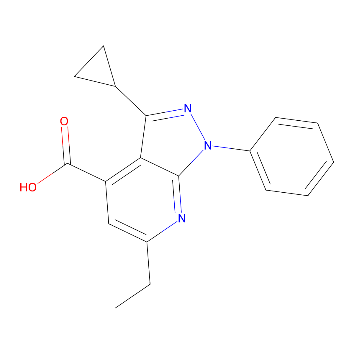 3-cyclopropyl-6-ethyl-1-phenyl-1H-pyrazolo[3,4-b]pyridine-4-carboxylic acid molecular structure, CAS 1018151-19-3