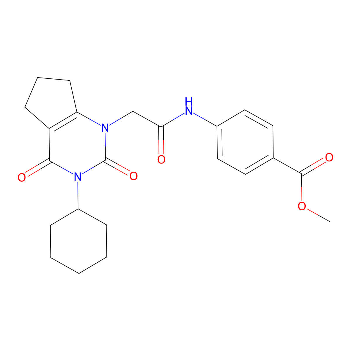 methyl 4-{[(3-cyclohexyl-2,4-dioxo-2,3,4,5,6,7-hexahydro-1H-cyclopenta[d]pyrimidin-1-yl)acetyl]amino}benzoate molecular structure, CAS 1018156-31-4