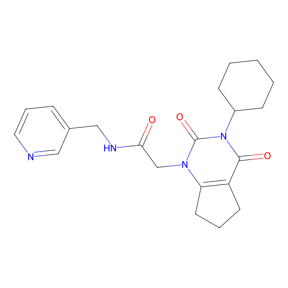 2-(3-cyclohexyl-2,4-dioxo-2,3,4,5,6,7-hexahydro-1H-cyclopenta[d]pyrimidin-1-yl)-N-(pyridin-3-ylmethyl)acetamide molecular structure, CAS 1018156-64-3