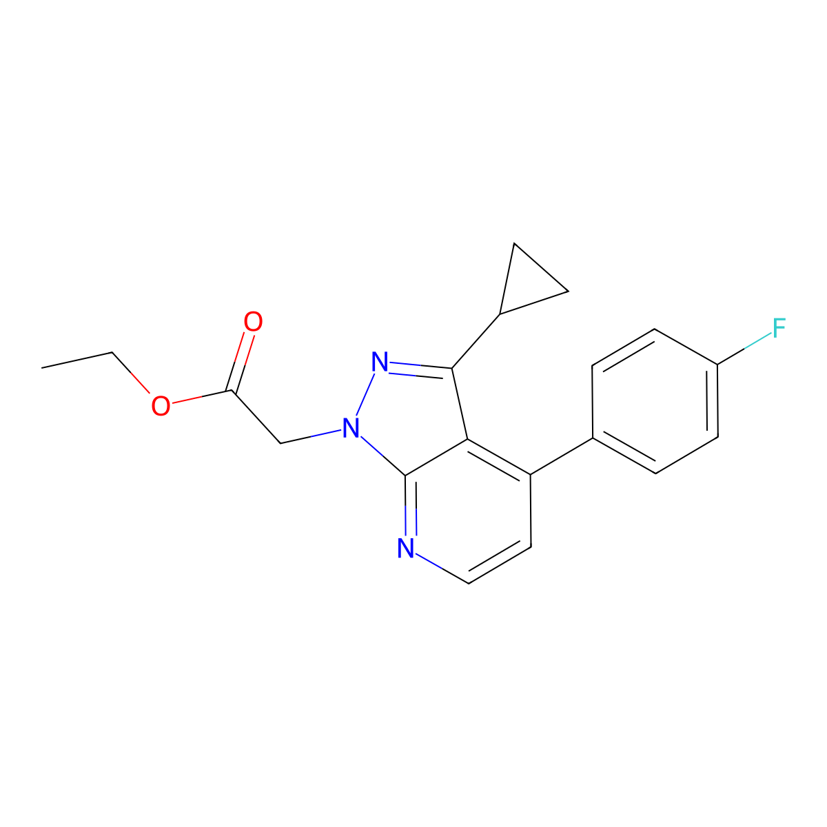 Ethyl 2-(3-cyclopropyl-4-(4-fluorophenyl)-1H-pyrazolo[3,4-b]pyridin-1-yl)acetate molecular structure, CAS 1018162-92-9