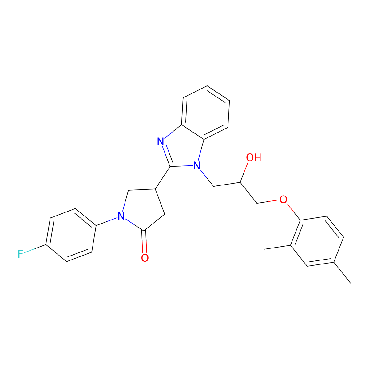 4-{1-[3-(2,4-dimethylphenoxy)-2-hydroxypropyl]-1H-benzimidazol-2-yl}-1-(4-fluorophenyl)pyrrolidin-2-one molecular structure, CAS 1018162-97-4
