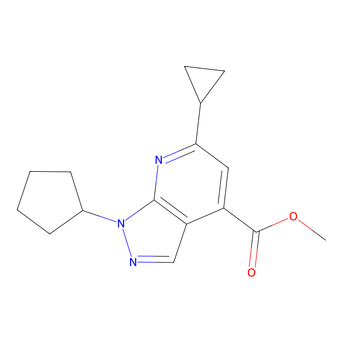methyl 1-cyclopentyl-6-cyclopropyl-1H-pyrazolo[3,4-b]pyridine-4-carboxylate molecular structure, CAS 1018163-36-4
