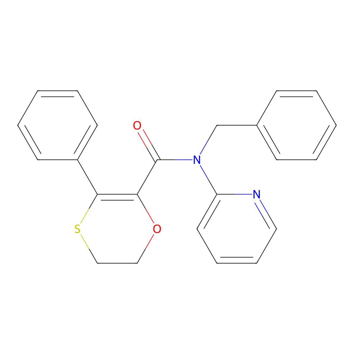 N-benzyl-3-phenyl-N-(pyridin-2-yl)-5,6-dihydro-1,4-oxathiine-2-carboxamide molecular structure, CAS 1018164-00-5