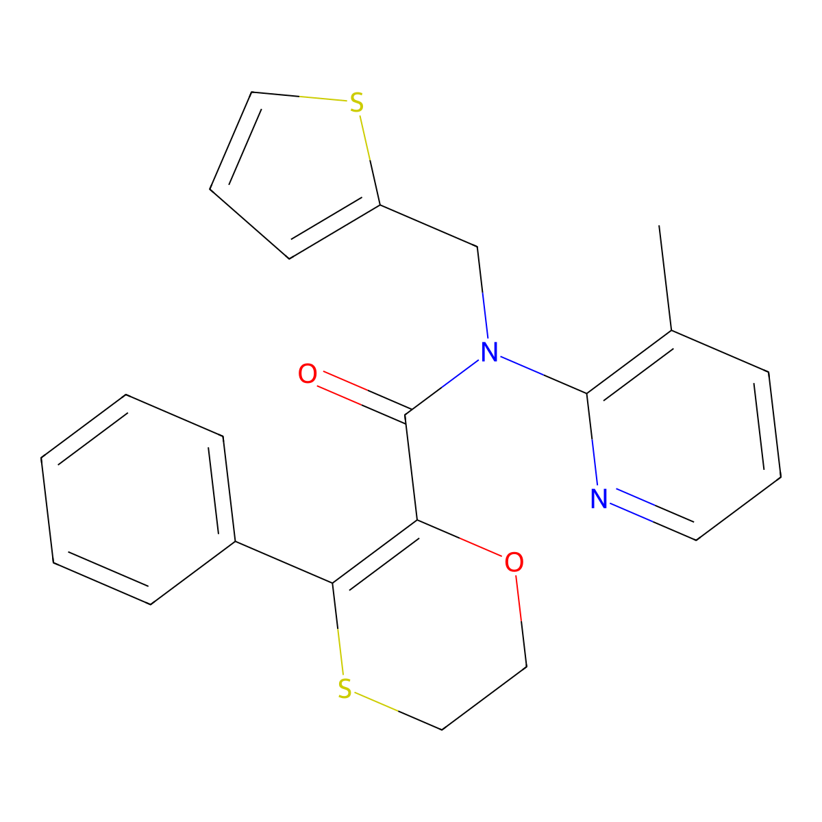 N-(3-methylpyridin-2-yl)-3-phenyl-N-(thiophen-2-ylmethyl)-5,6-dihydro-1,4-oxathiine-2-carboxamide molecular structure, CAS 1018164-16-3