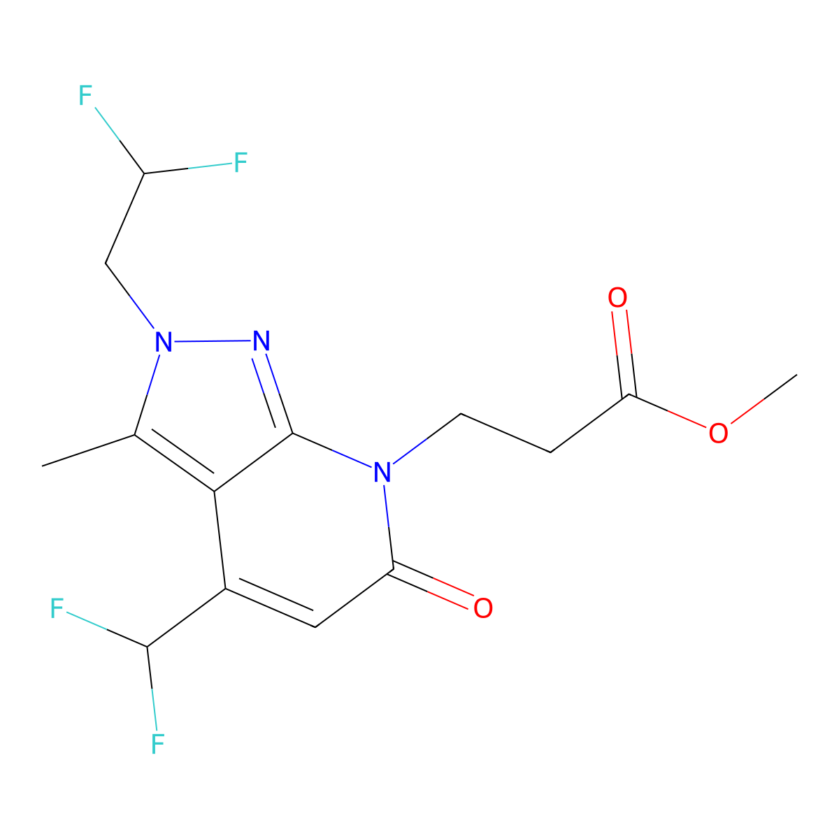 Methyl 3-(2-(2,2-difluoroethyl)-4-(difluoromethyl)-3-methyl-6-oxo-2H-pyrazolo[3,4-b]pyridin-7(6H)-yl)propanoate molecular structure, CAS 1018164-50-5