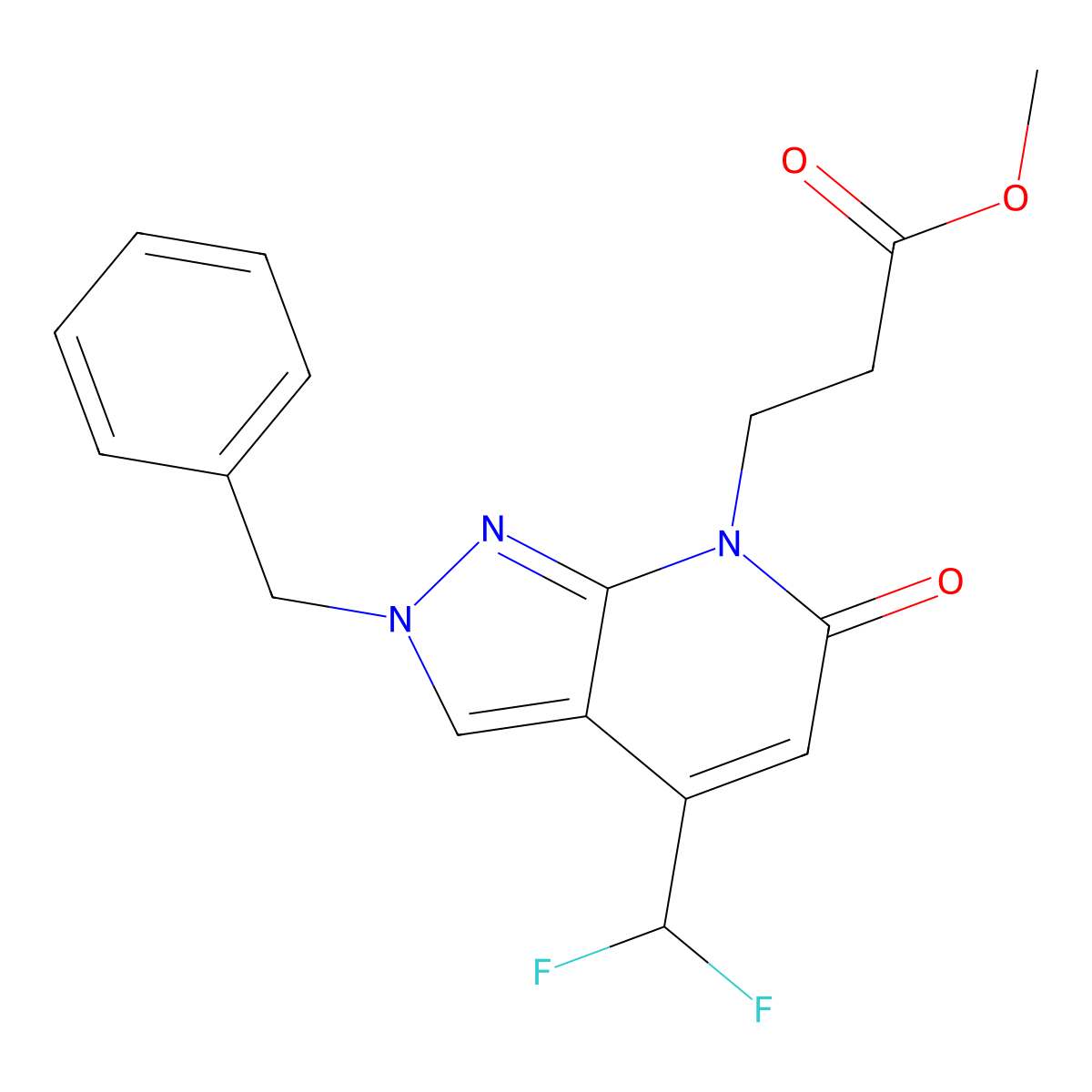 Methyl 3-(2-benzyl-4-(difluoromethyl)-6-oxo-2H-pyrazolo[3,4-b]pyridin-7(6H)-yl)propanoate molecular structure, CAS 1018164-54-9
