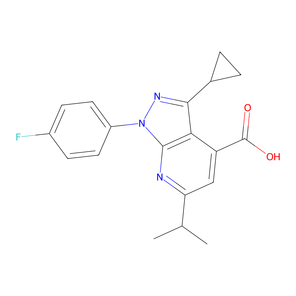 3-Cyclopropyl-1-(4-fluorophenyl)-6-isopropyl-1H-pyrazolo[3,4-b]pyridine-4-carboxylic acid molecular structure, CAS 1018164-62-9