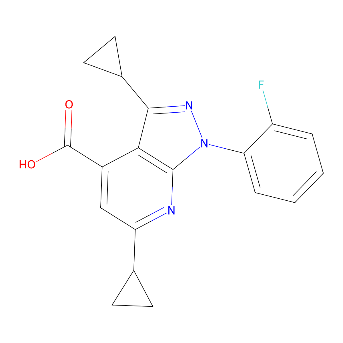 3,6-dicyclopropyl-1-(2-fluorophenyl)-1H-pyrazolo[3,4-b]pyridine-4-carboxylic acid molecular structure, CAS 1018164-66-3