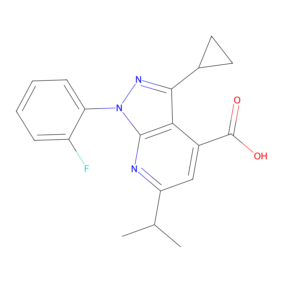 3-Cyclopropyl-1-(2-fluorophenyl)-6-isopropyl-1H-pyrazolo[3,4-b]pyridine-4-carboxylic acid molecular structure, CAS 1018164-70-9
