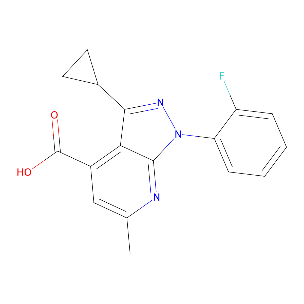 3-cyclopropyl-1-(2-fluorophenyl)-6-methyl-1H-pyrazolo[3,4-b]pyridine-4-carboxylic acid molecular structure, CAS 1018164-82-3