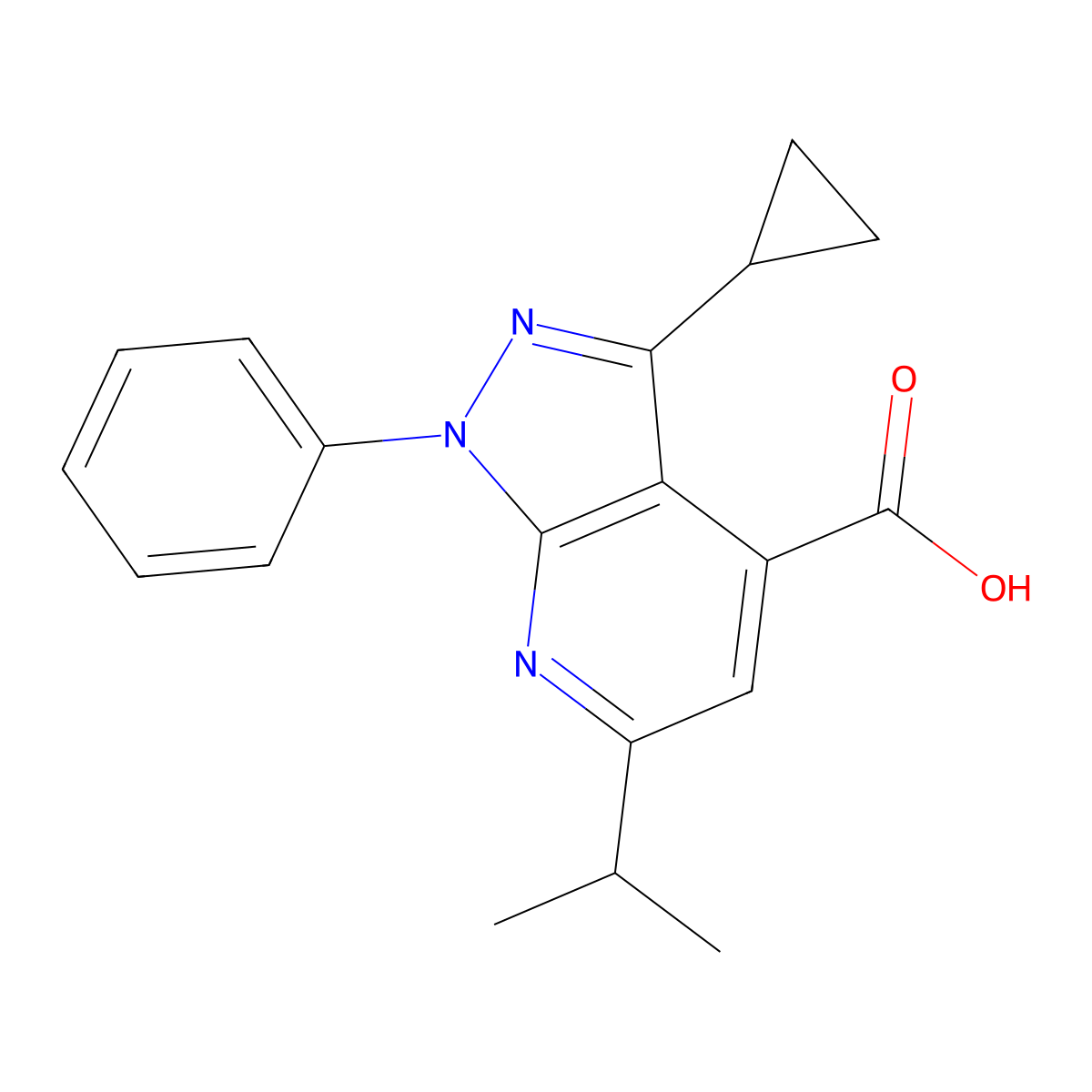 3-Cyclopropyl-6-isopropyl-1-phenyl-1H-pyrazolo[3,4-b]pyridine-4-carboxylic acid molecular structure, CAS 1018164-86-7